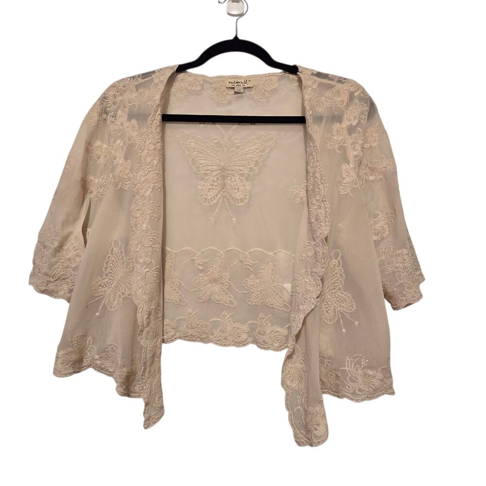 One World Butterfly Lace Cropped Cardigan Womens MED Ecru Boho Fairycore Cottage
